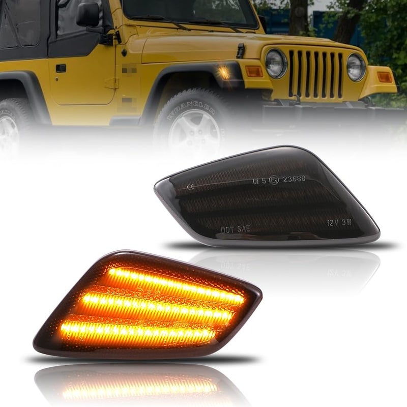 OFFKAT New 2 PCS Front Fender LED Side Marker Lights for 1997-2006 Je-ep Wrangler TJ, TJ Smoked Lens Side Markers Turn Signal Light, [Ultra-Bright] Amber LED Side Bumper Marker Lamp - Image 1
